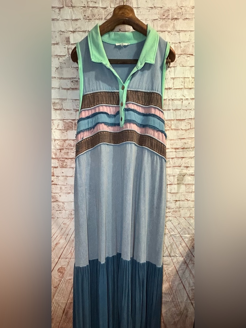 Oli & Hali Chambray Colorblock Sleeveless Oversized Tiered Boho Maxi Dress XL - Picture 3 of 7